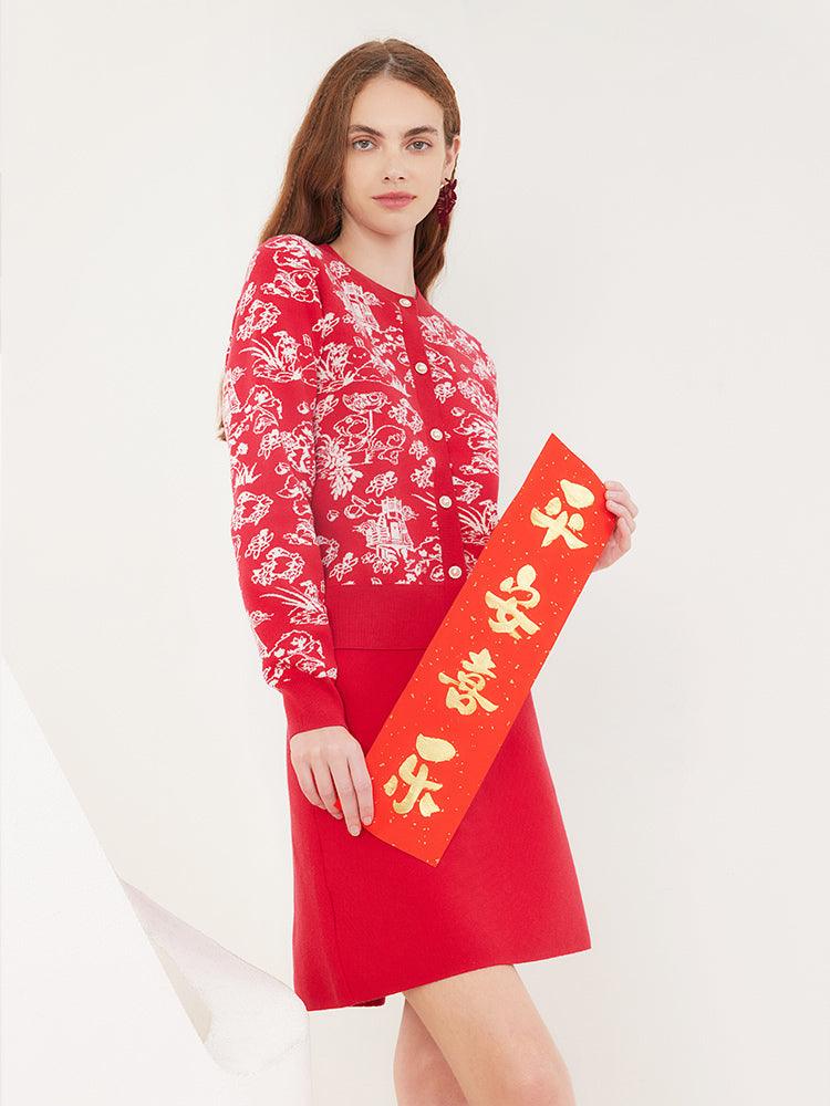 Red Floral Jacquard Suit Cardigan&Skirt GOELIA