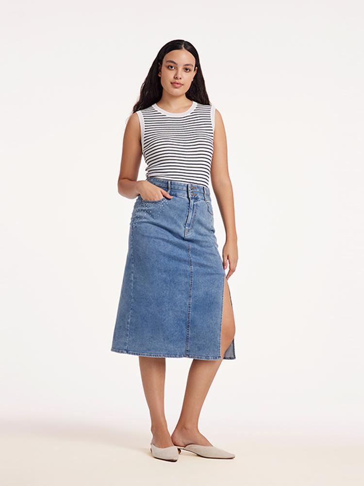 Blue High Waist Slit Denim Skirt GOELIA