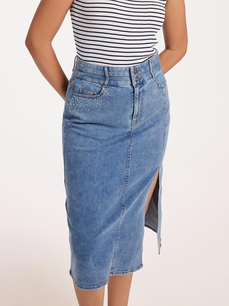 Blue High Waist Slit Denim Skirt GOELIA