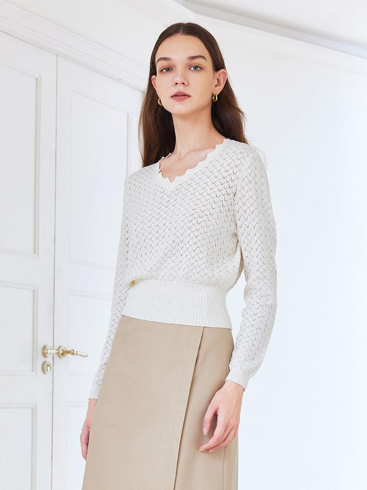 White Jacquard V-neck Combed Cotton Sweater GOELIA