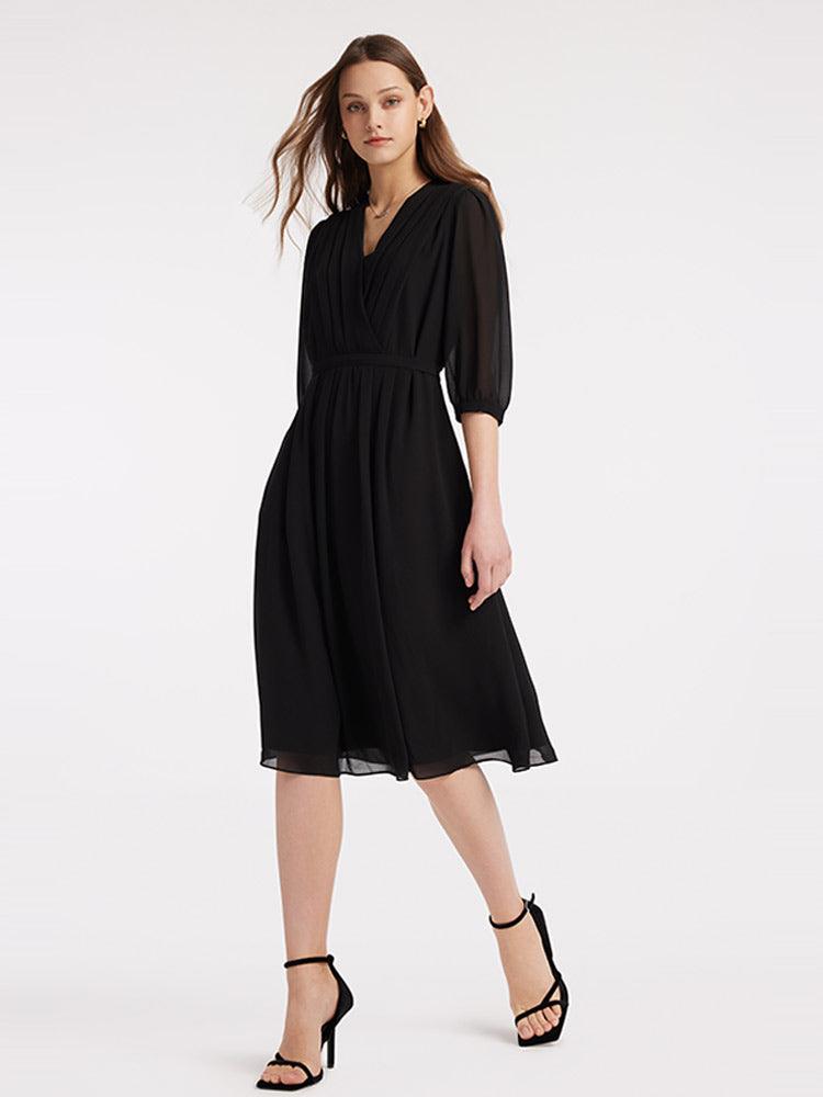 V-Neck Pleated Lace Up Wrap Dress GOELIA