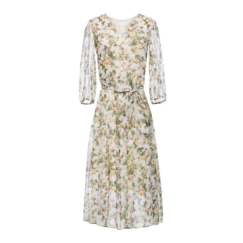 19 Momme Silk V-Neck Floral Dress GOELIA