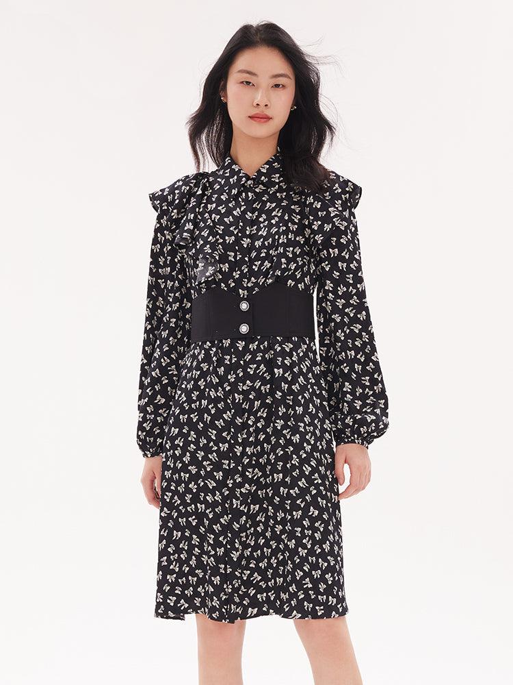 Bowknot Printed Long Sleeve Dress GOELIA