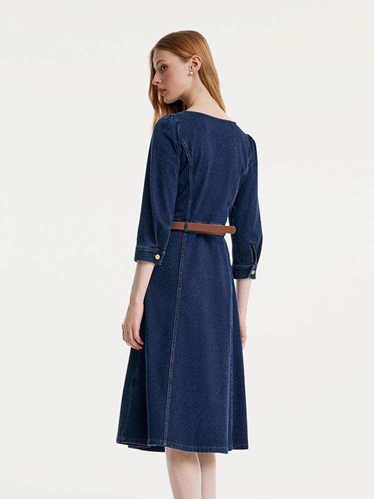 Square-neck Knit Denim Dress With Belt GOELIA