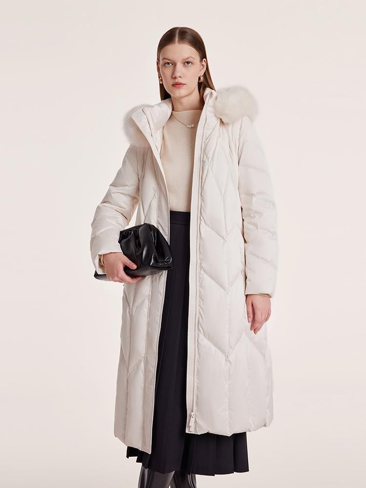 White Gathered Waist Long Goose Down Garment With Faux-Fur Collar GOELIA