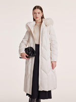 White Gathered Waist Long Goose Down Garment With Faux-Fur Collar GOELIA