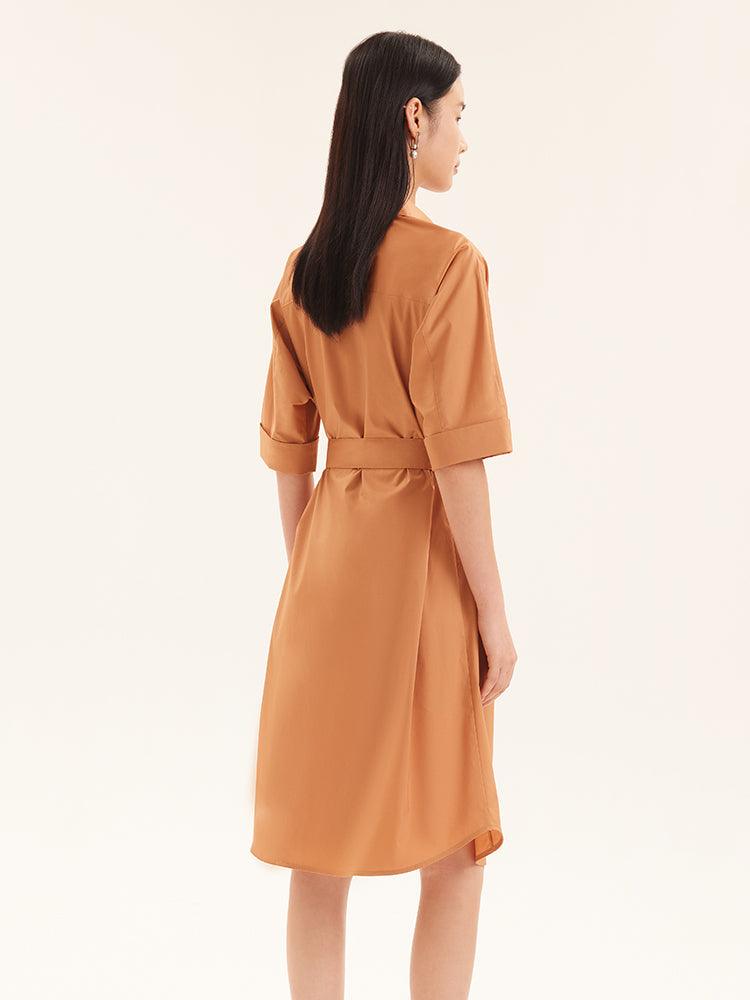 Shirt-Style Cotton Gathered Waist Dress GOELIA