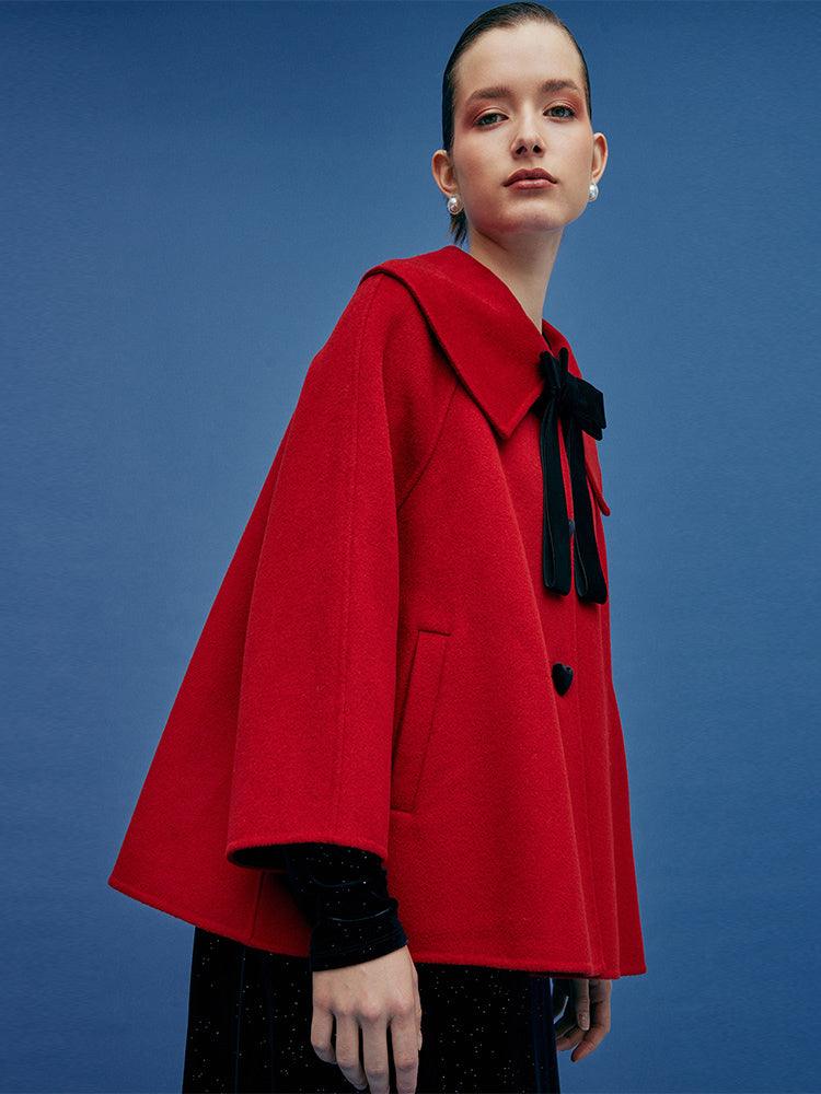 Chili Red Lapel Cape Woolen Coat GOELIA