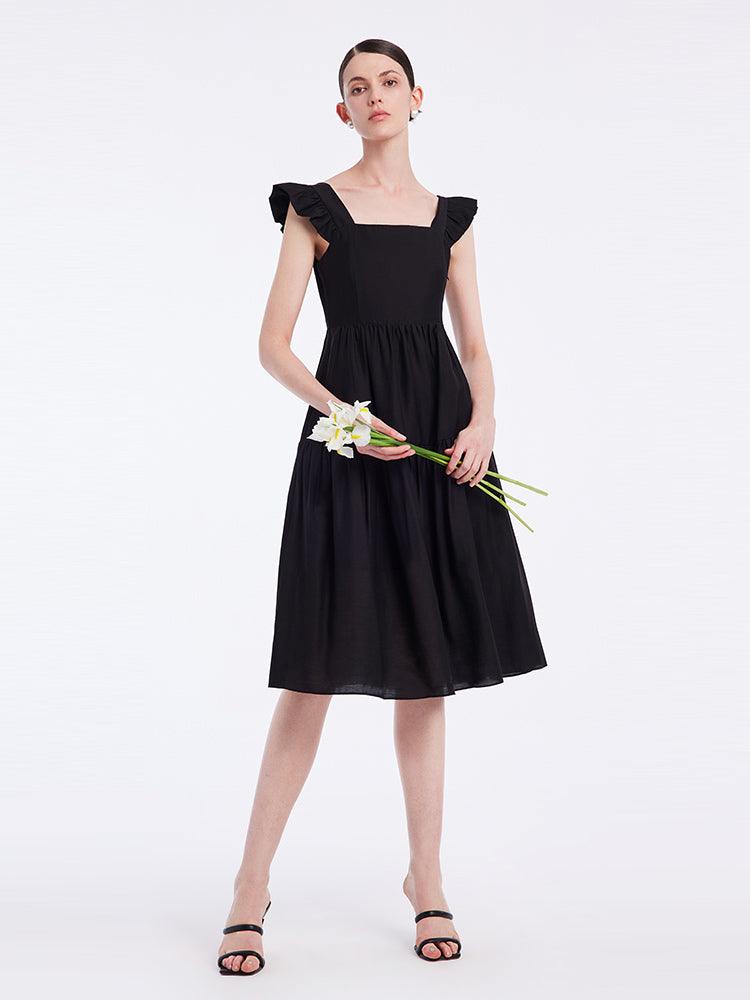 Black Acetate Ruffle Sleeve Dress GOELIA