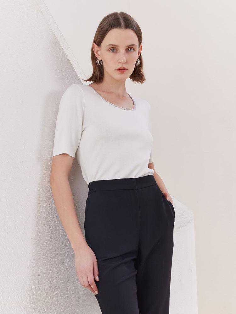 White Acetate Round Neck T-Shirt GOELIA