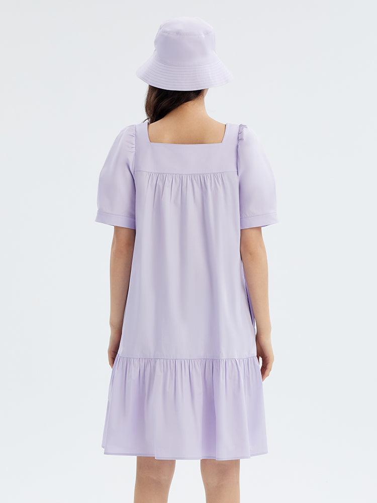 Purple Square Neck Cotton Dress With Hat GOELIA