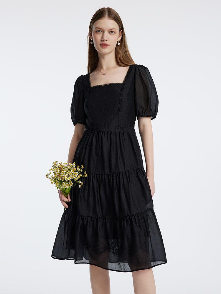 Square Neck Black Waist Dress GOELIA