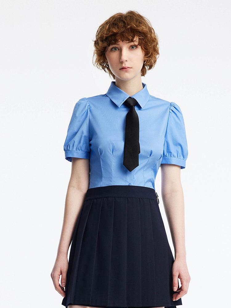 Blue Bubble Sleeve Short Waist Shirt (With Tie) GOELIA