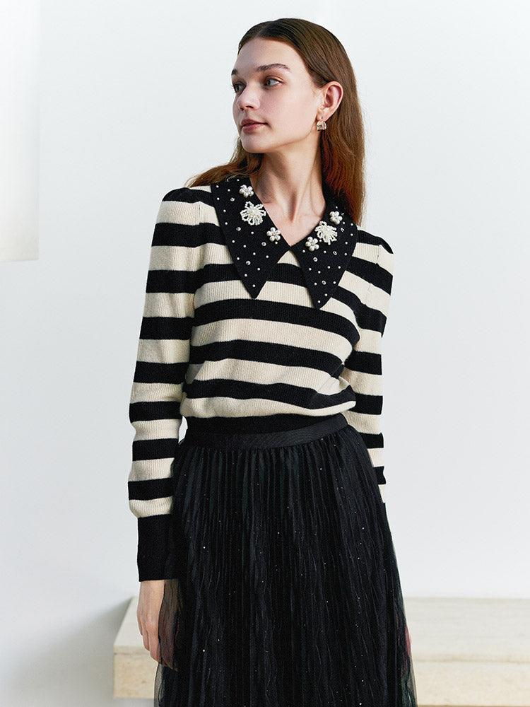 Black&White Stripe Pearl Lapel Collar Knitwear GOELIA