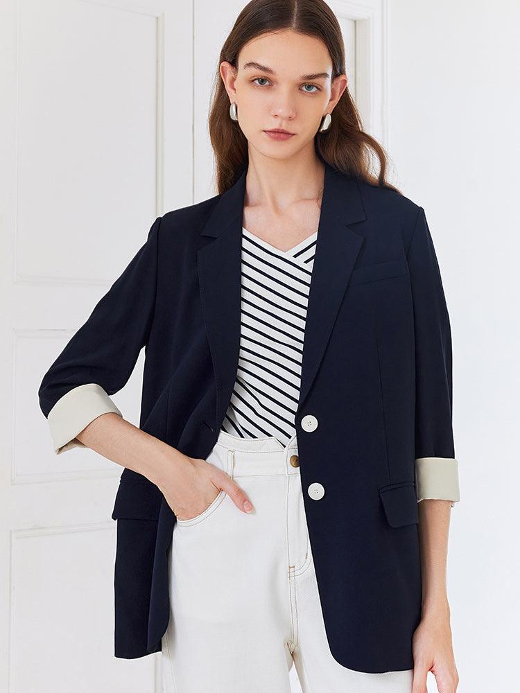 Navy Blue Color Block Blazer GOELIA