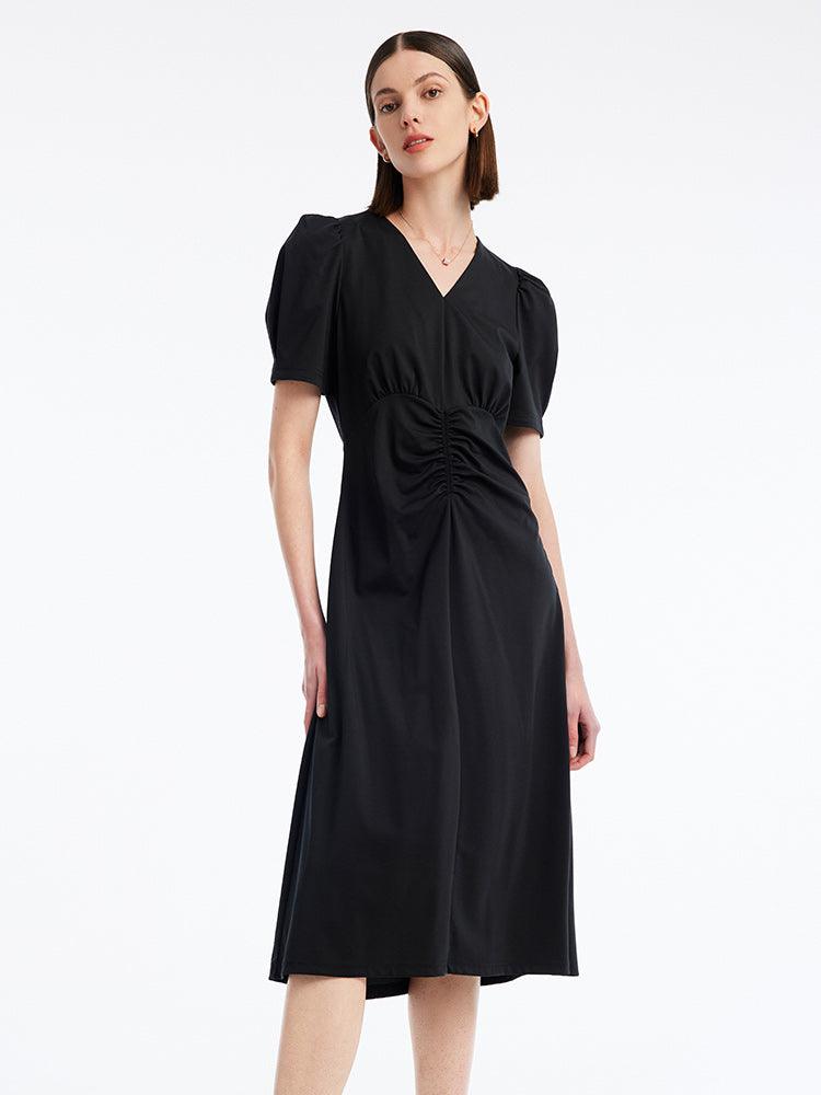 V-neck Pleated Mid-Calf Dress GOELIA