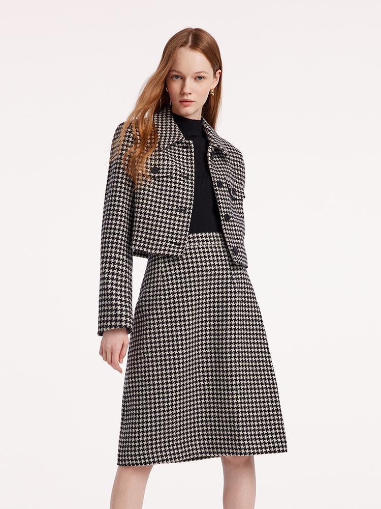 Washable Wool Houndstooth Jacket And Sweater And Skirt Suit GOELIA