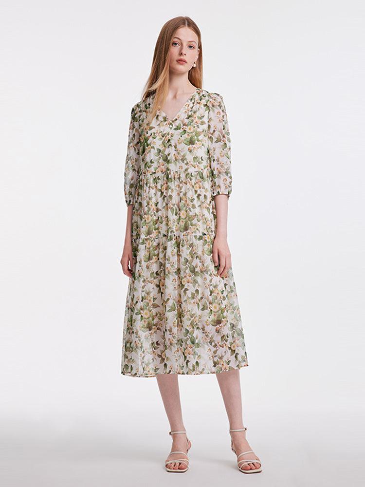 19 Momme Silk V-Neck Floral Dress GOELIA