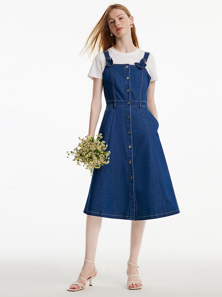 Denim Pinafore Dress With Bow Tie GOELIA