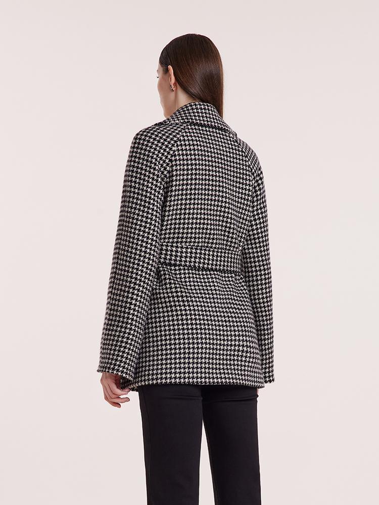 Washable Wool Houndstooth Coat With Belt GOELIA