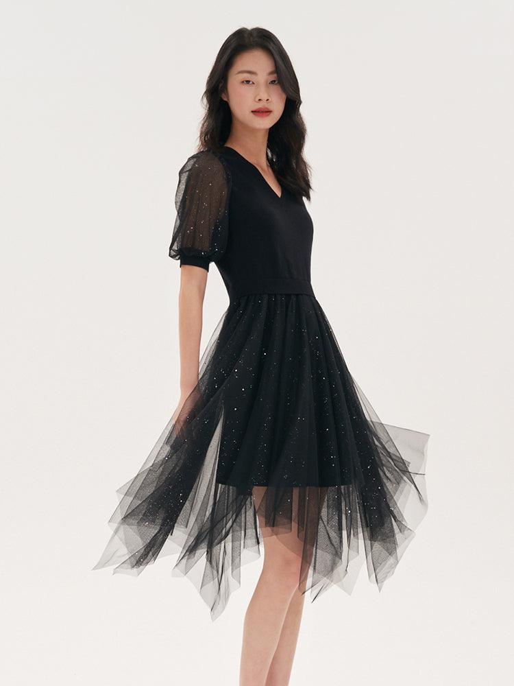 Black Sequins Patchwork Mesh Woollen Dress GOELIA