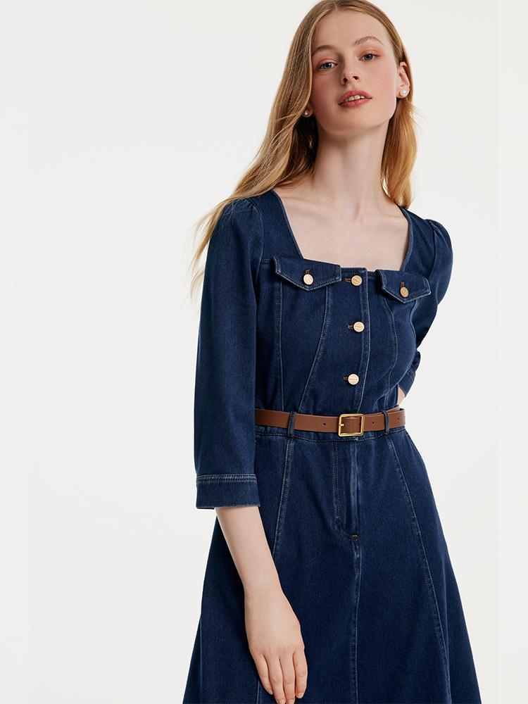 Square-neck Knit Denim Dress With Belt GOELIA