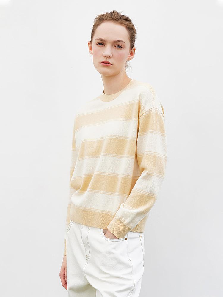 Cream Yellow&White Stripe Woolen Sweater GOELIA