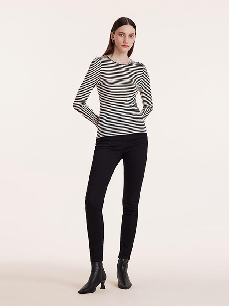 Washable Wool Striped Round Neck Sheath Sweater GOELIA