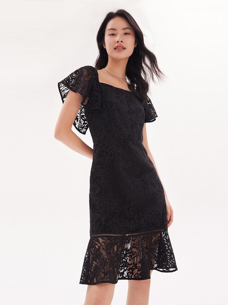 Black Square Neck Lace Slim Dress GOELIA