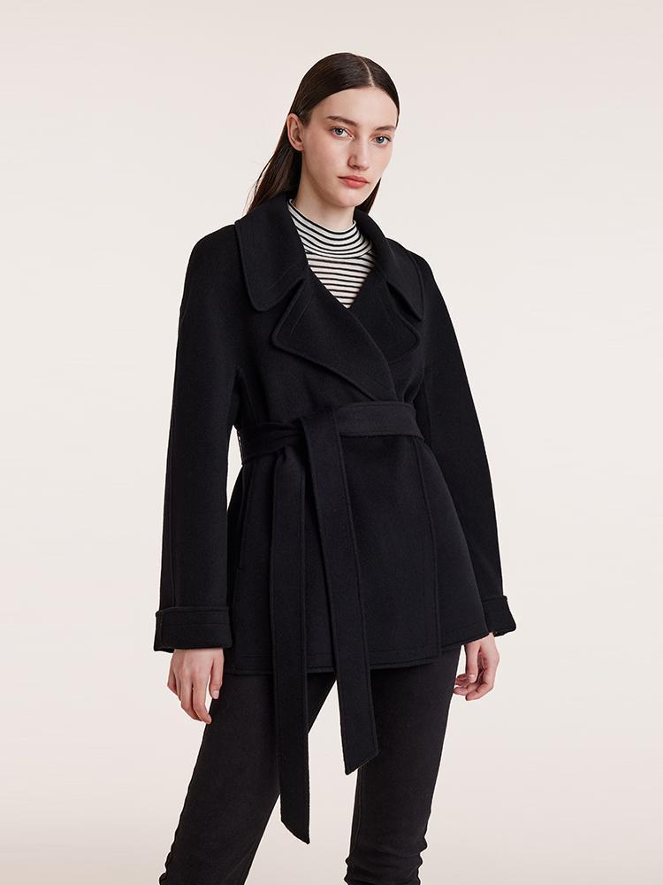 Tencel Wool Lapel Double-Faced Short Coat With Belt GOELIA