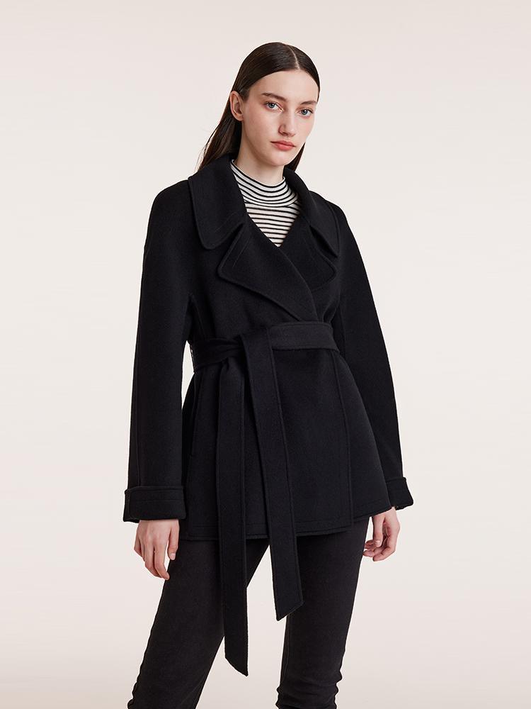 Tencel Wool Lapel Double-Faced Short Coat With Belt