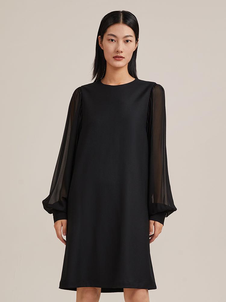 Black See-Through Sleeve Worsted Wool Dress GOELIA