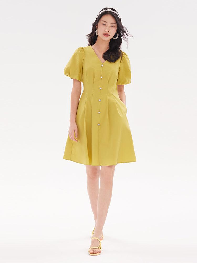 Fitted Waist & V-Neck Cotton Dress GOELIA