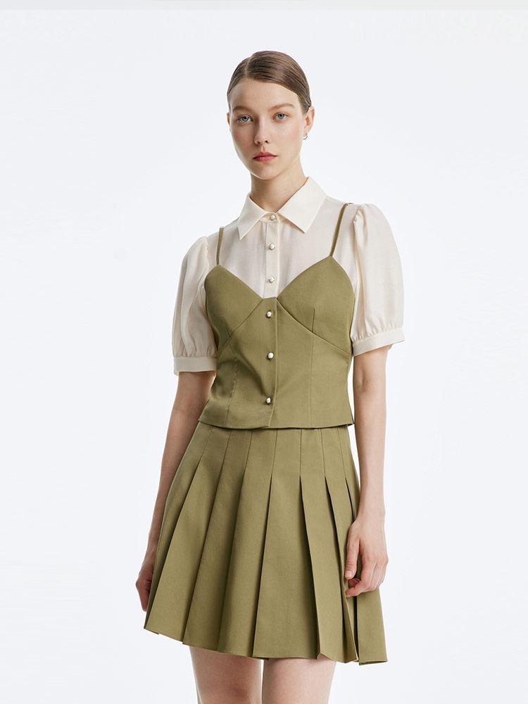 Tencel Suit (Fake Two-Piece Top + Pleated Half Skirt) GOELIA