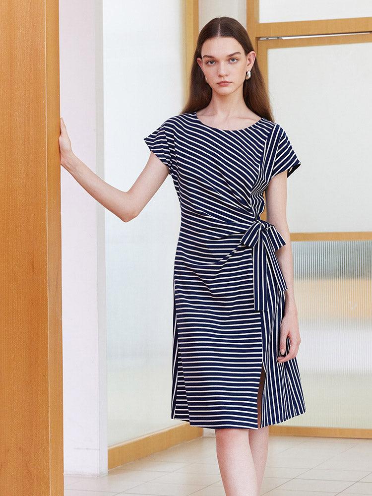 Navy Blue Stripe Wrap Dress GOELIA