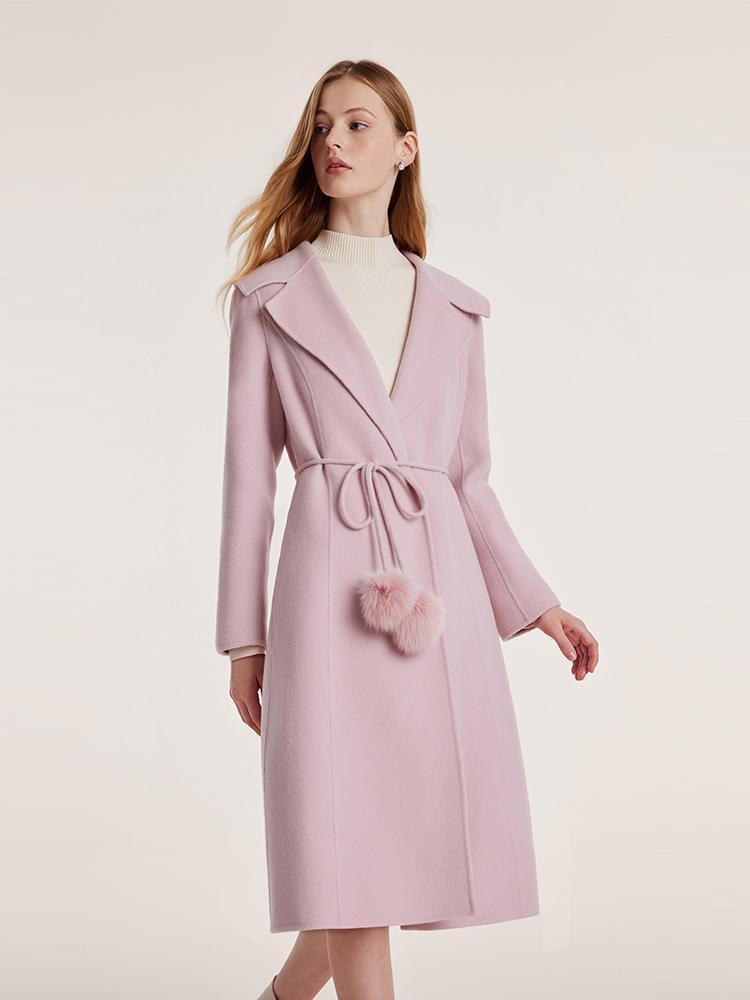 Pink Tencel Wool Double-Faced Lapel Coat With Belt GOELIA