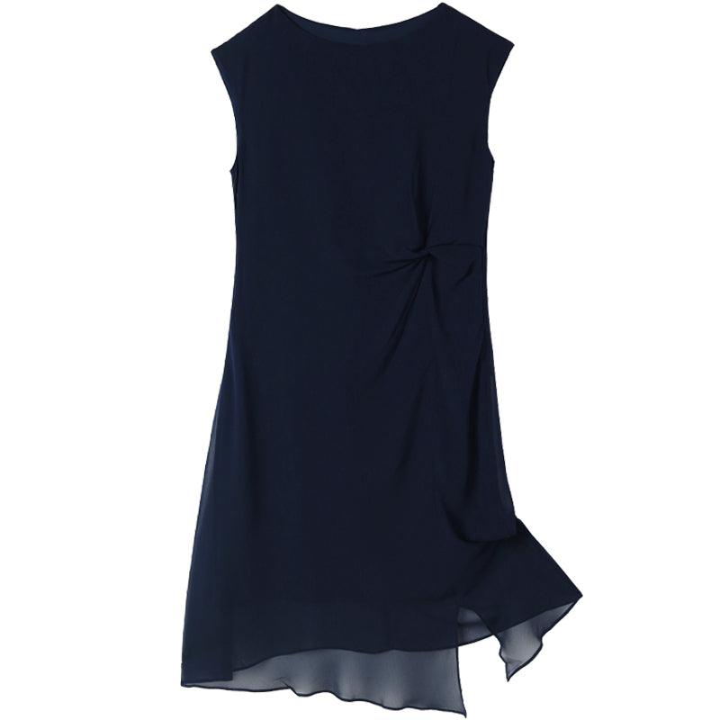 Dark Blue Silk Boat Neck Dress GOELIA