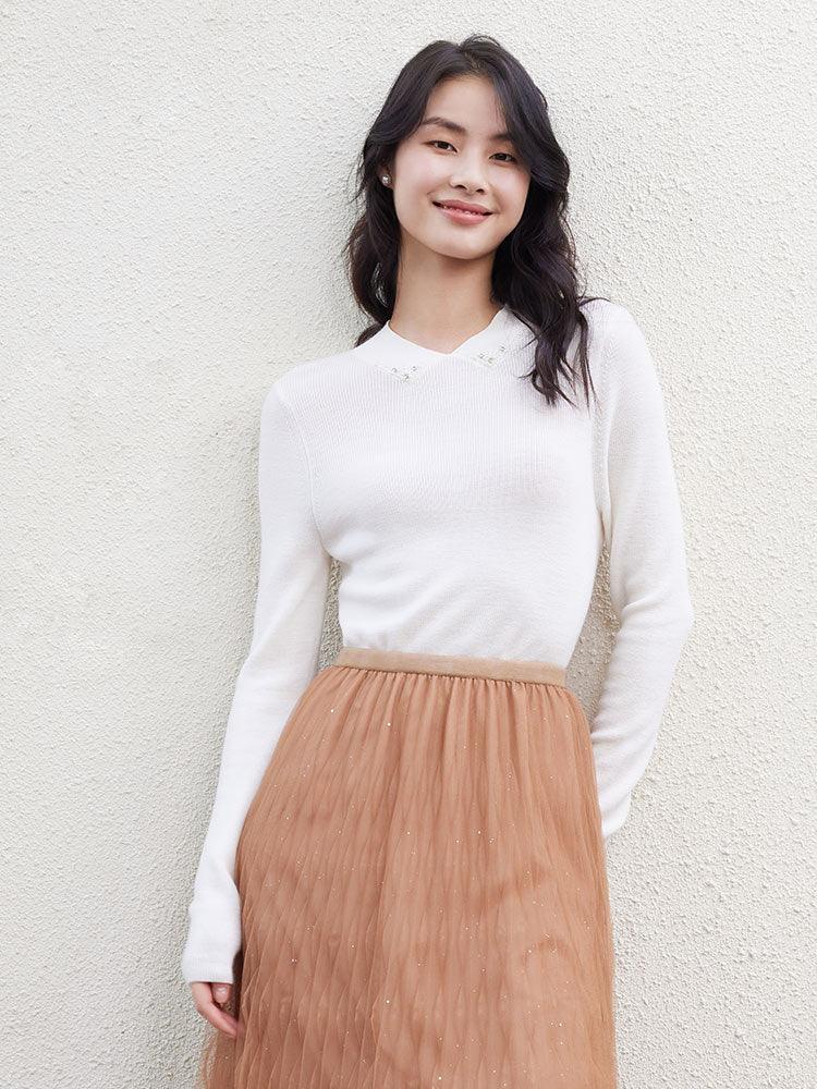 White Light Weight Worsted Woolen Sweater GOELIA