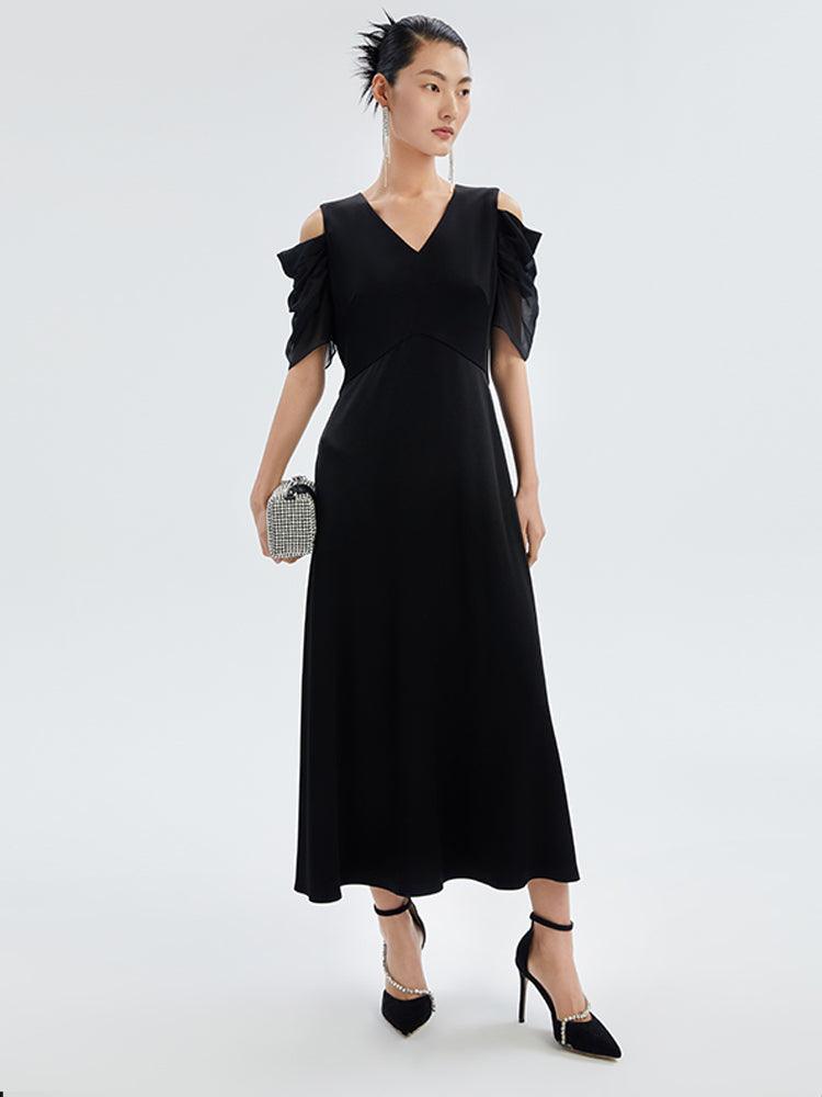 Triacetate Gathered Waist V-Neck Dress GOELIA