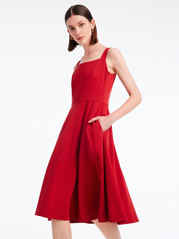 Chili Red Waist-Skimming Spaghetti Strap Dress GOELIA