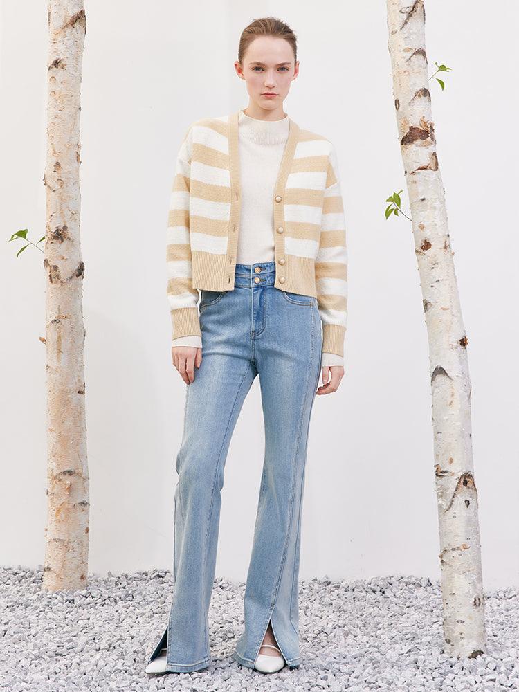 Yellow&White Stripe Woolen Cardigan GOELIA