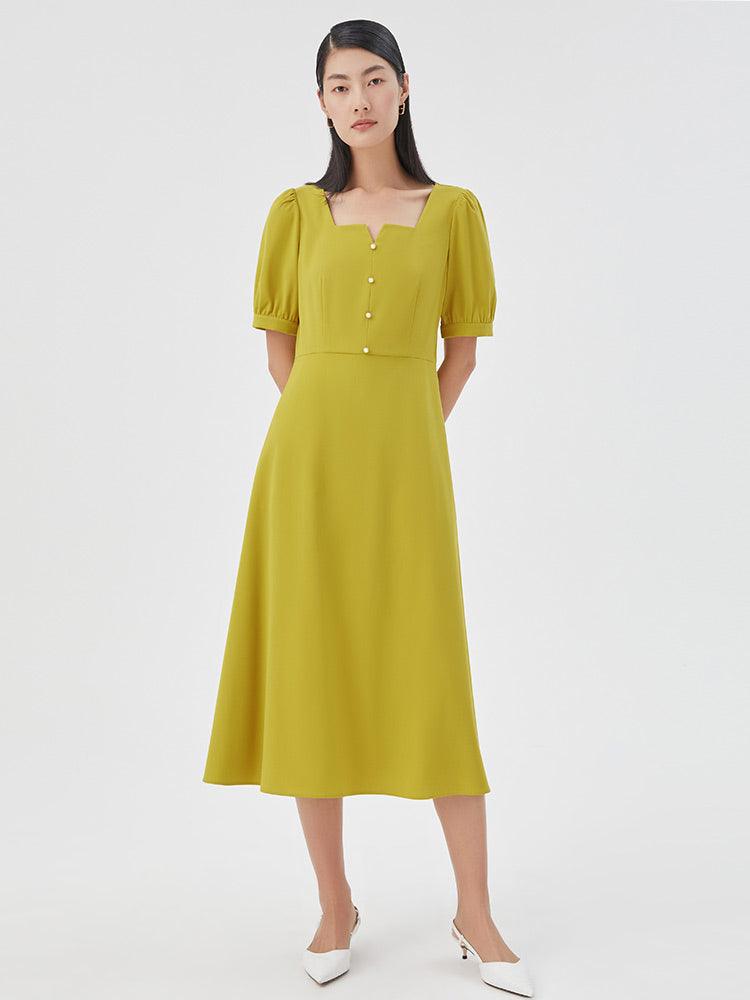 Lime yellow Square Neck Puff Sleeve Dress GOELIA