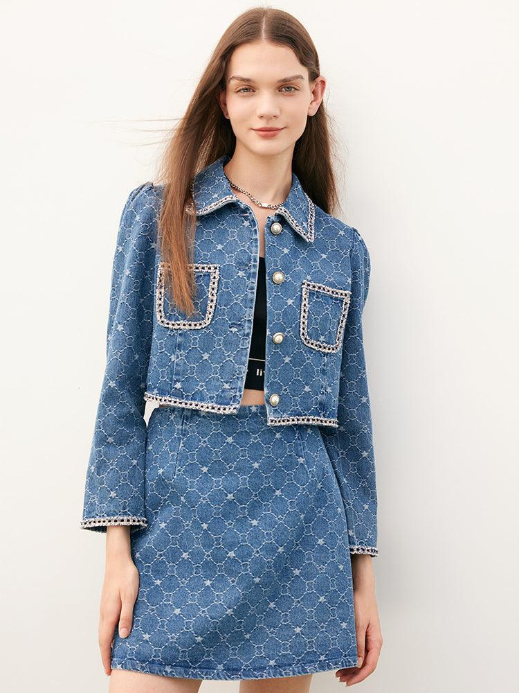 Blue Tweed Jacquard Denim Suit Jacket&Skirt GOELIA