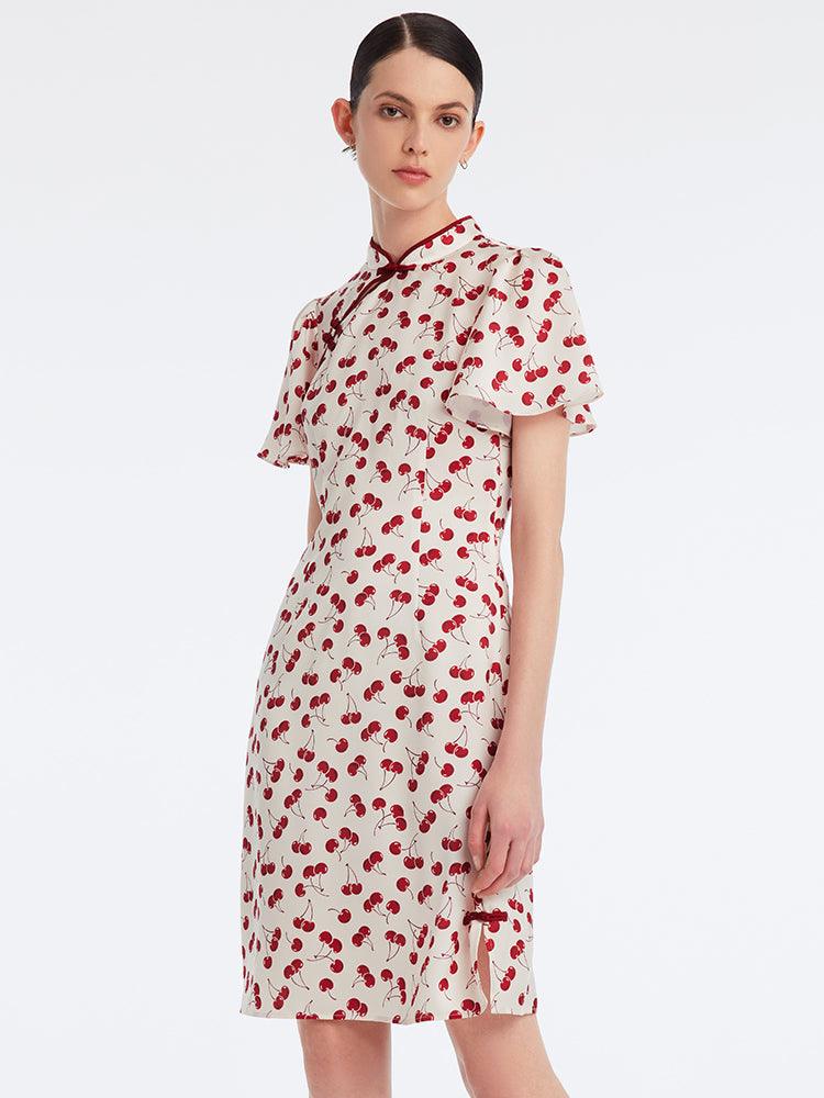 Mandarin Collar Cherry Print Cheongsam Midi Dress GOELIA