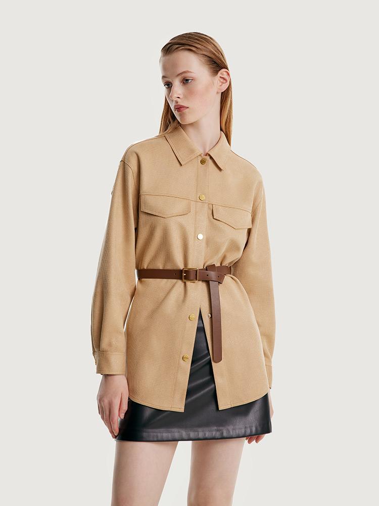 Faux Suede Coat With Leather Belt GOELIA