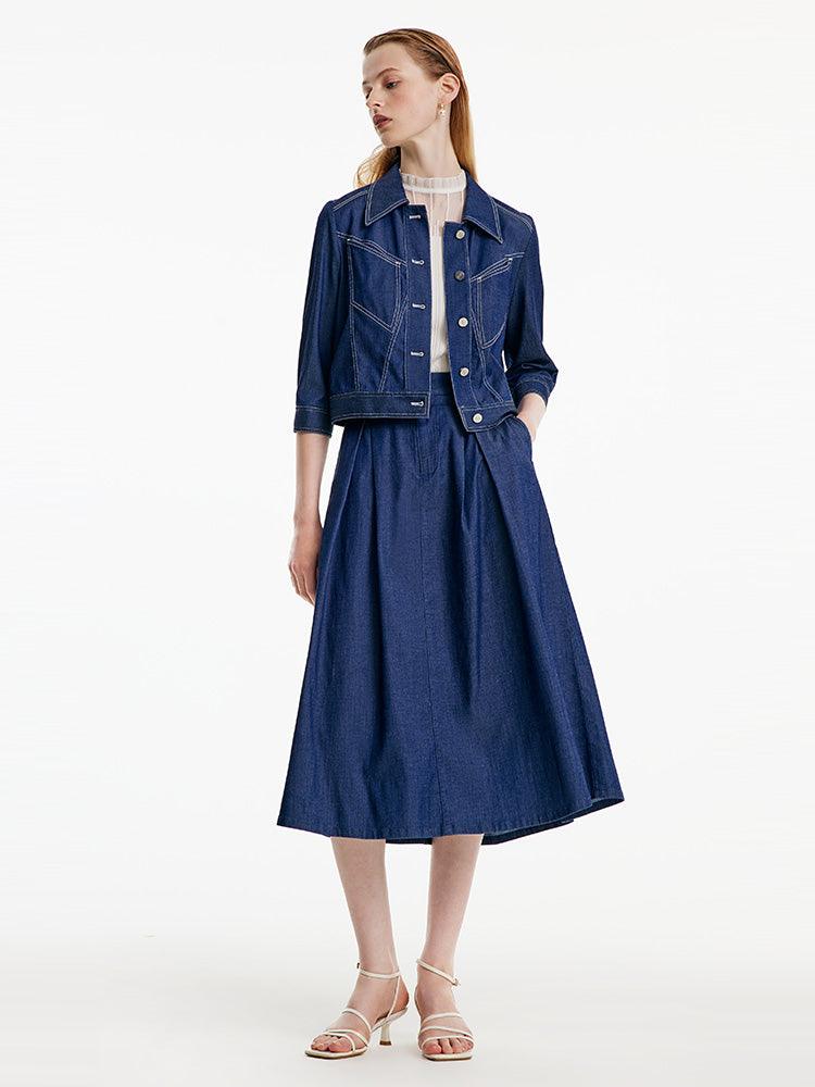 Blue Rubber Waist Denim Skirt GOELIA