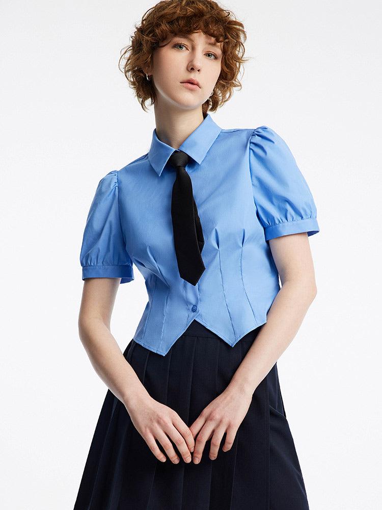 Blue Bubble Sleeve Short Waist Shirt (With Tie) GOELIA