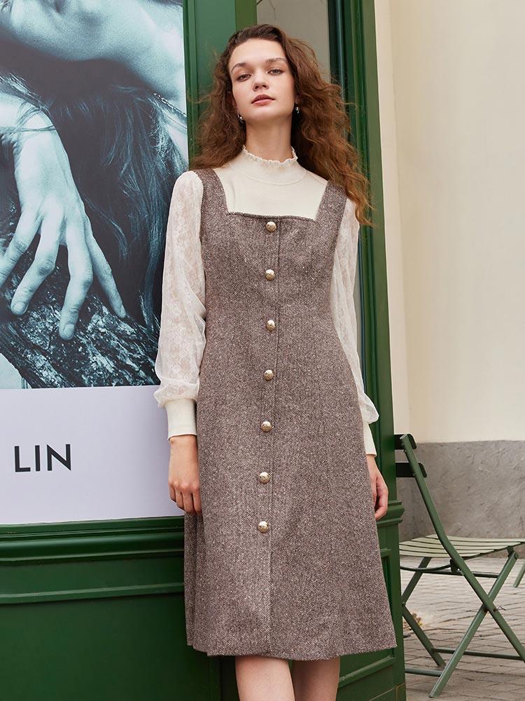 Brown Square Neck Woolen Vest Dress GOELIA