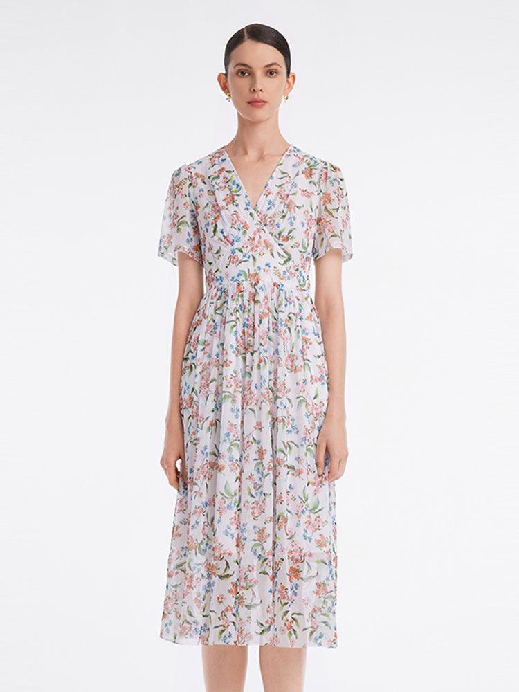 Floral Printed V-Neck Mid-Calf Dress GOELIA