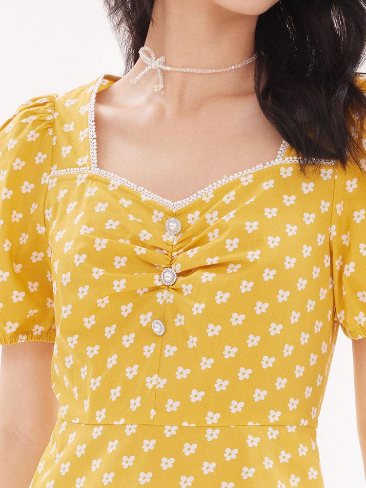 Yellow White Floral Print Square Neck Dress GOELIA